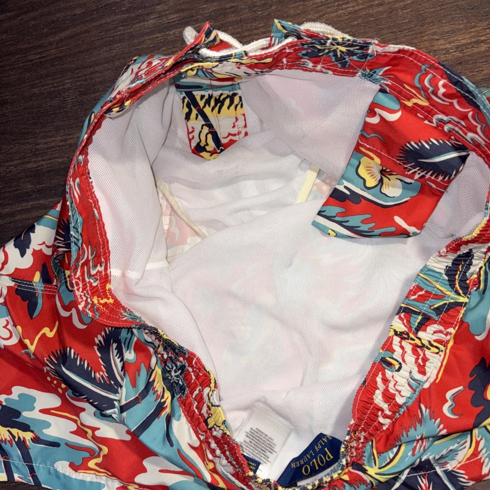 Polo Ralph Lauren Swim Shorts Mens Medium Red Floral Hawaiian Aloha Print Trunks - Picture 6 of 6
